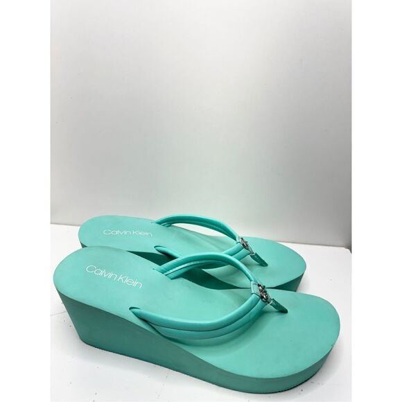 Calvin Klein Sandals Womens Size 11 Green Open Toe Slip On Platform - Picture 2 of 10